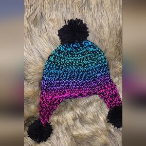 Colorful Crochet Hat With Pom Poms for Kids Fits Most 3-10 Yrs Old